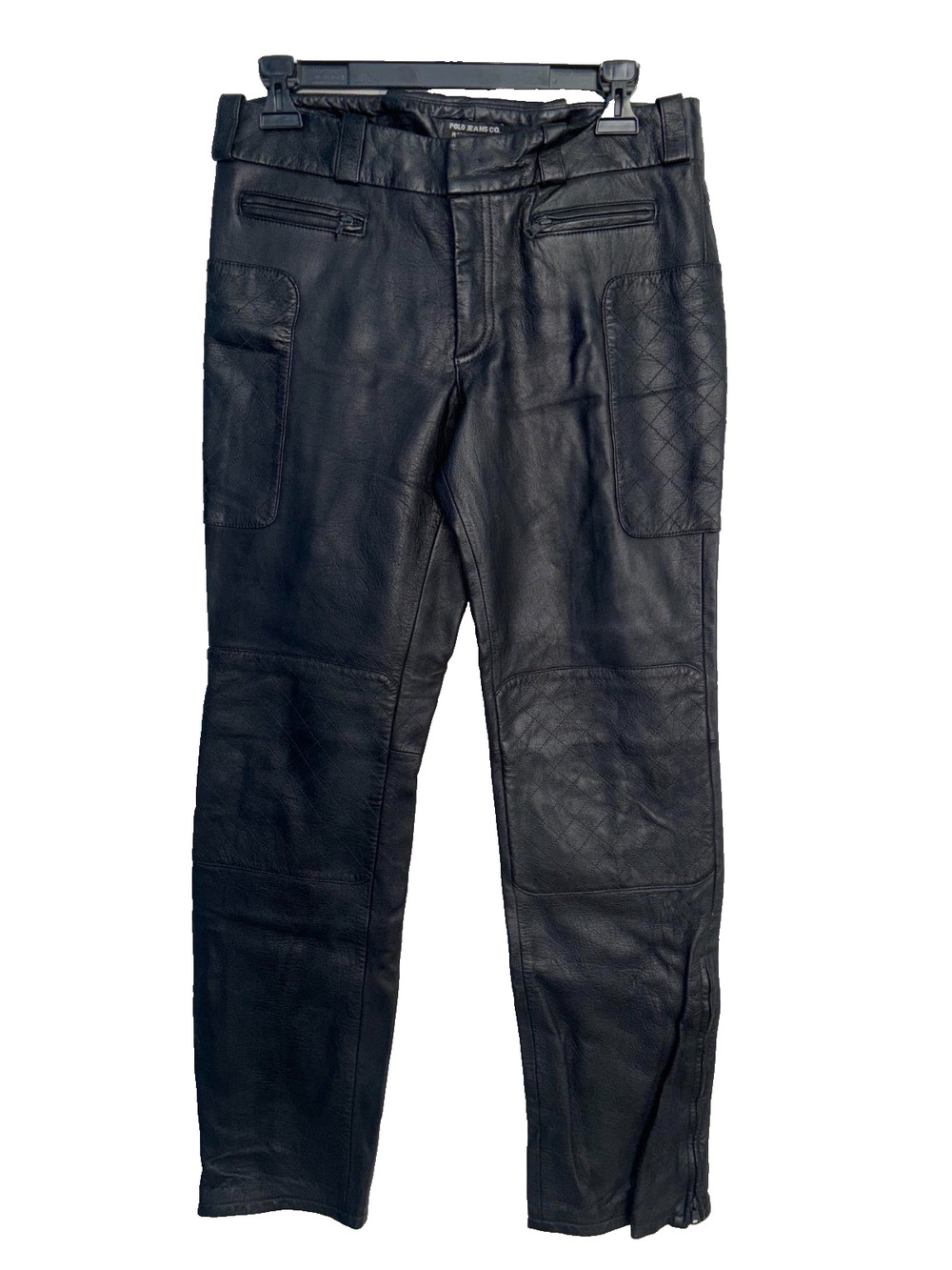 Vintage Polo Jeans Co Ralph Lauren Black Leather Pants Quilted Biker Zip Cuff 8